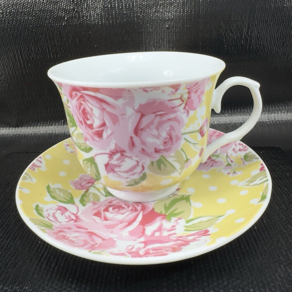 Kent Pottery Fine Porcelain Teacup And Saucer Set Floral Pattern 12oz Yellow VTG